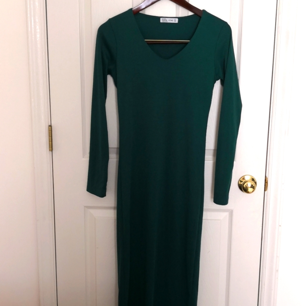 Deep Green V neck Long Dress Knit